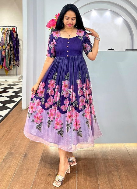 Morvi Chanderi Mix Printed Long Western Dress Suppliers In India